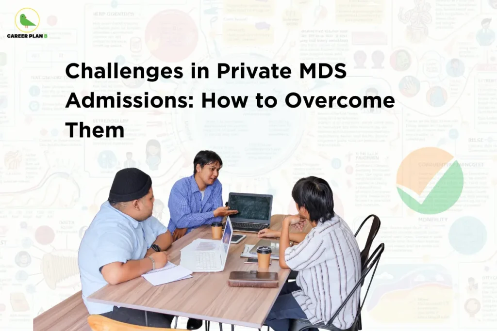 this image contains Career Plan B logo at top left and headline “Challenges in Private MDS Admissions: How to Overcome Them” on a light infographic background, with a group of students discussing around a table with laptops and documents, representing dental admission challenges, counselling strategies, and collaborative decision-making