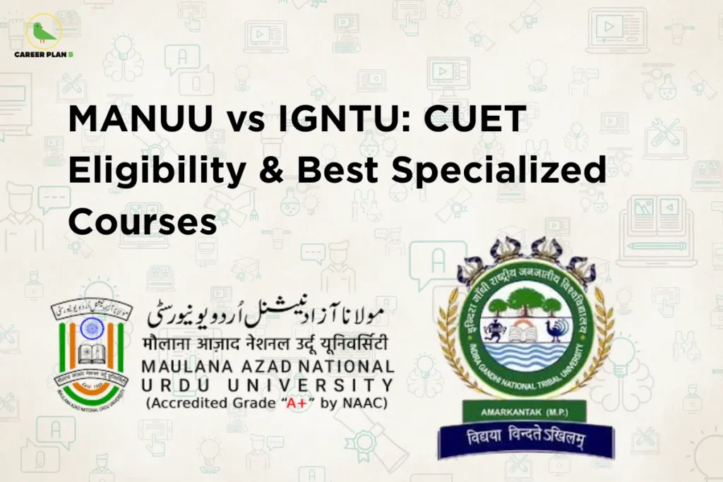 this image contains Career Plan B logo at top left and headline “MANUU vs IGNTU: CUET Eligibility & Best Specialized Courses” on a light infographic background, with logos of Maulana Azad National Urdu University showing “Accredited Grade ‘A+’ by NAAC” and Indira Gandhi National Tribal University labeled “Amarkantak (M.P.),” representing university comparison, CUET eligibility, and course selection guidance