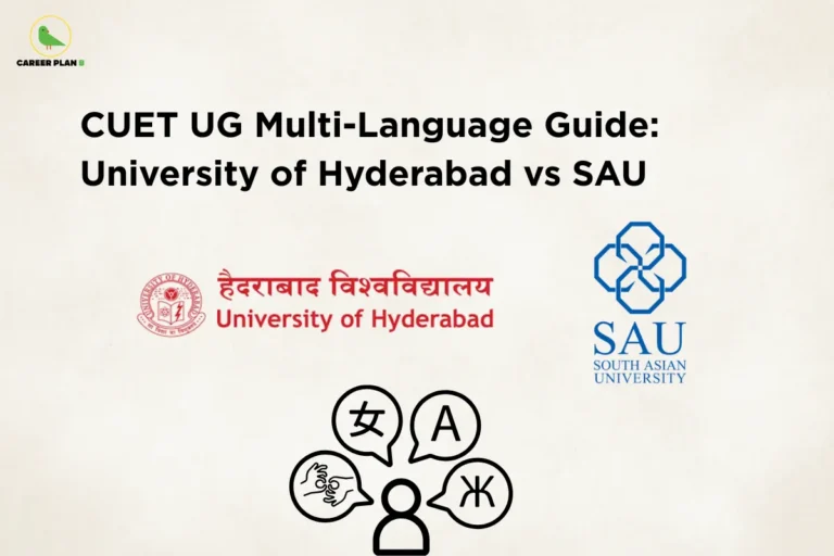 this image contains Career Plan B logo at top left and headline “CUET UG Multi-Language Guide: University of Hyderabad vs SAU” on a light background, with University of Hyderabad logo in Hindi and English and SAU South Asian University logo, along with icons of different languages, representing multilingual CUET options and university comparison