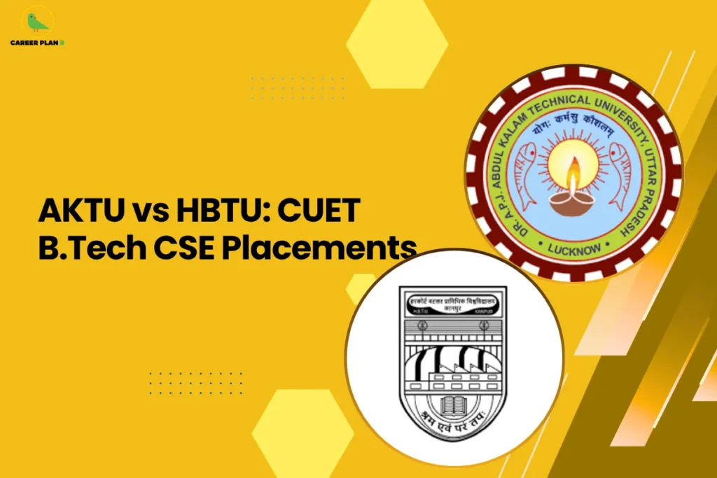 This image contains a bright yellow background with subtle hexagonal shapes and diagonal design accents on the right side. In the top left corner, there is the “CAREER PLAN B” logo featuring a green bird inside a yellow circle with the text “CAREER PLAN B,” where “CAREER PLAN” is in black and “B” is in green. Across the center-left, bold black text reads “AKTU vs HBTU: CUET B.Tech CSE Placements.” On the right side, two university logos are displayed: the AKTU (Dr. A.P.J. Abdul Kalam Technical University) emblem at the top with a circular design and a lamp symbol in the center, and below it the HBTU (Harcourt Butler Technical University) emblem in a shield style with industrial and academic elements, representing a comparison of CSE placement opportunities between the two institutions.