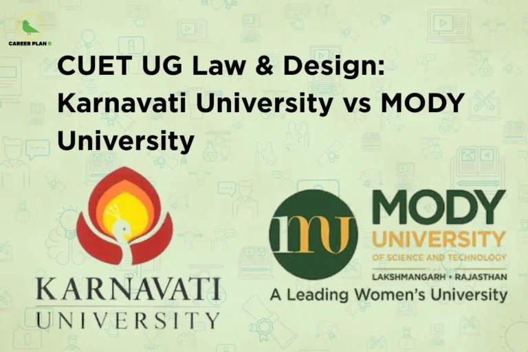 This image contains a light green background with faint educational-themed icons and illustrations, giving it a clean and academic appearance. In the top left corner, there is the “CAREER PLAN B” logo featuring a green bird inside a yellow circle with the text “CAREER PLAN B,” where “CAREER PLAN” is in black and “B” is in green. Across the upper-left section, bold black text reads “CUET UG Law & Design: Karnavati University vs MODY University.” On the right side, two university logos are displayed: one is the Karnavati University logo featuring a flame-shaped emblem with a bird motif, and the other is the MODY University of Science and Technology logo with a circular “MU” symbol and green text, indicating a comparison between law and design programs through CUET.