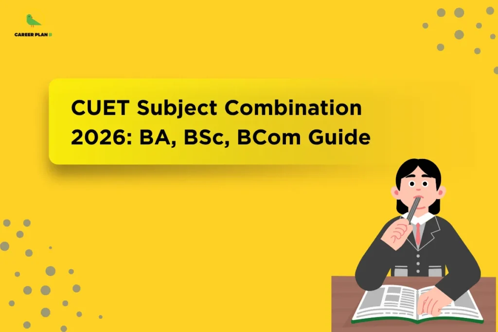 This image contains a bright yellow background with a clean and minimal design featuring subtle dotted patterns. In the top left corner, there is the “CAREER PLAN B” logo featuring a green bird inside a yellow circle with the text “CAREER PLAN B,” where “CAREER PLAN” is in black and “B” is in green. Across the upper-left section, bold black text inside a rounded yellow box reads “CUET Subject Combination 2026: BA, BSc, BCom Guide.” On the right side, an illustration of a student in formal attire sitting with an open book and holding a pen is shown, indicating decision-making and guidance related to choosing subject combinations for CUET courses.
