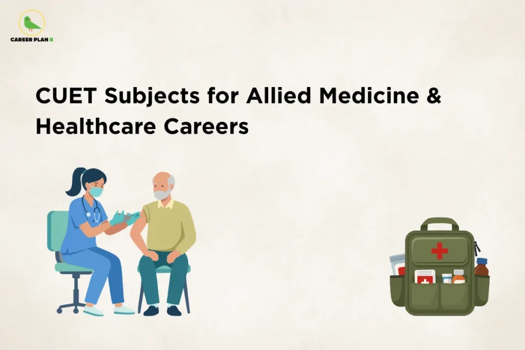 This image contains a light beige background with a minimal and clean appearance. In the top left corner, there is the “CAREER PLAN B” logo featuring a green bird inside a yellow circle with the text “CAREER PLAN B,” where “CAREER PLAN” is in black and “B” is in green. Across the upper section, bold black text reads “CUET Subjects for Allied Medicine & Healthcare Careers.” In the lower section, there is an illustration of a healthcare professional administering an injection to a patient, along with a medical kit on the right side, representing healthcare services and medical careers.