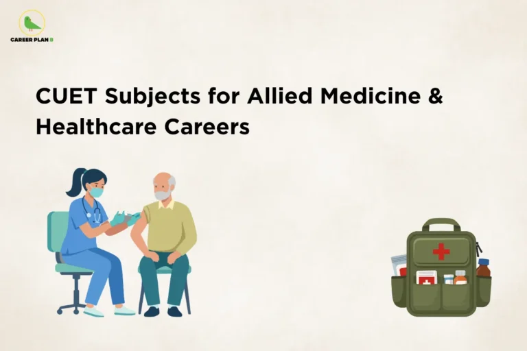 This image contains a light beige background with a minimal and clean appearance. In the top left corner, there is the “CAREER PLAN B” logo featuring a green bird inside a yellow circle with the text “CAREER PLAN B,” where “CAREER PLAN” is in black and “B” is in green. Across the upper section, bold black text reads “CUET Subjects for Allied Medicine & Healthcare Careers.” In the lower section, there is an illustration of a healthcare professional administering an injection to a patient, along with a medical kit on the right side, representing healthcare services and medical careers.