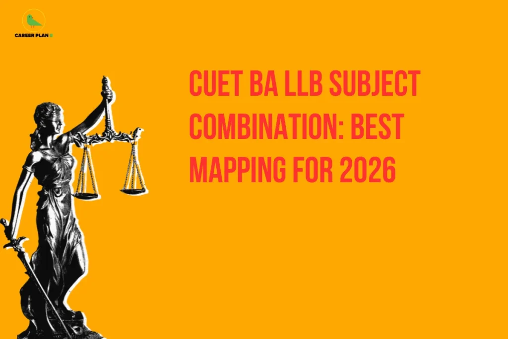 this image contains an orange educational banner with Career Plan B logo top left, bold red text “CUET BA LLB SUBJECT COMBINATION: BEST MAPPING FOR 2026,” and a black statue of Lady Justice holding scales and a sword on the left, symbolizing law education and career guidance