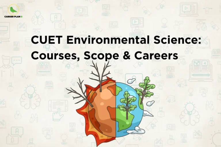 this image contains a light grey educational banner with Career Plan B logo top left, bold black text “CUET Environmental Science: Courses, Scope & Careers,” and a split illustration of Earth showing environmental contrast with dry barren land and leaf on one side and green trees and clouds on the other, with faint education and technology icons in the background