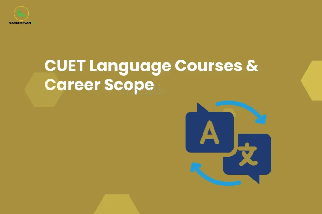 this image contains a brown educational banner with Career Plan B logo top left, bold white text “CUET Language Courses & Career Scope,” and a graphic icon showing language translation with speech bubbles containing “A” and a Chinese character connected by circular arrows, along with subtle hexagonal shapes and dotted design accents in the background