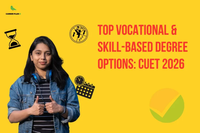 this image contains a yellow CUET 2026 career guidance poster with “TOP VOCATIONAL & SKILL-BASED DEGREE OPTIONS: CUET 2026” text, Career Plan B logo at top left, a young woman wearing headphones and a denim jacket giving thumbs up on the left, and icons of an hourglass, a sleeping person symbol, a calendar, and a green checkmark on the right representing time management and planning