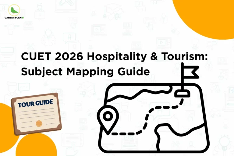this image contains a CUET 2026 career guidance graphic with “CUET 2026 Hospitality & Tourism: Subject Mapping Guide” text, Career Plan B logo top left, a “TOUR GUIDE” certificate illustration on the left, and a map graphic with a location pin, travel path, and flag on the right representing tourism and navigation